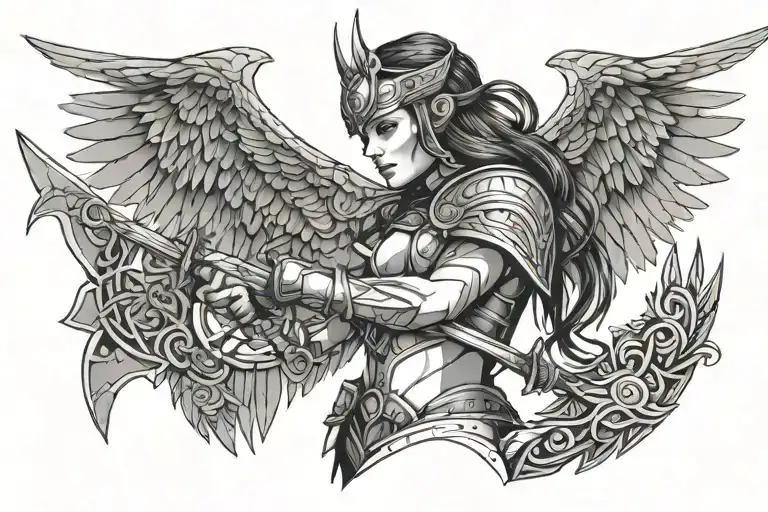 Valkyrie Warrior With Katana Wings Emerging From Her Back