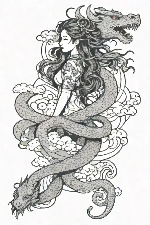Floating Haku Dragon Wrapped Curly Long Haired Girl In Clouds