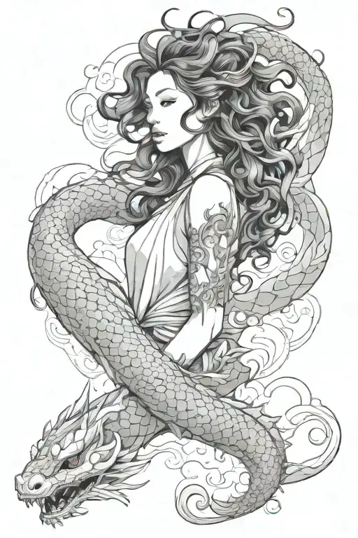 Floating Haku Dragon Wrapped Curly Long Haired Girl In Clouds