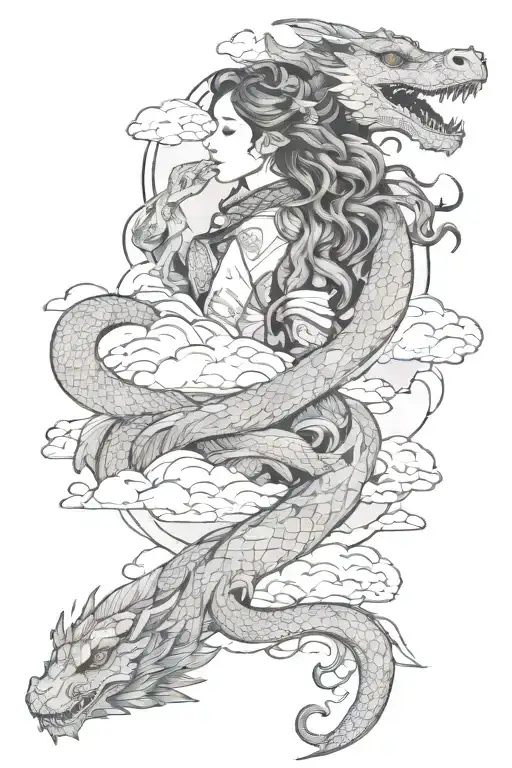 Floating Haku Dragon Wrapped Curly Long Haired Girl In Clouds