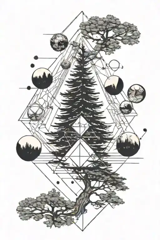 Fine Line Pine Tree Geometric Lines Planets