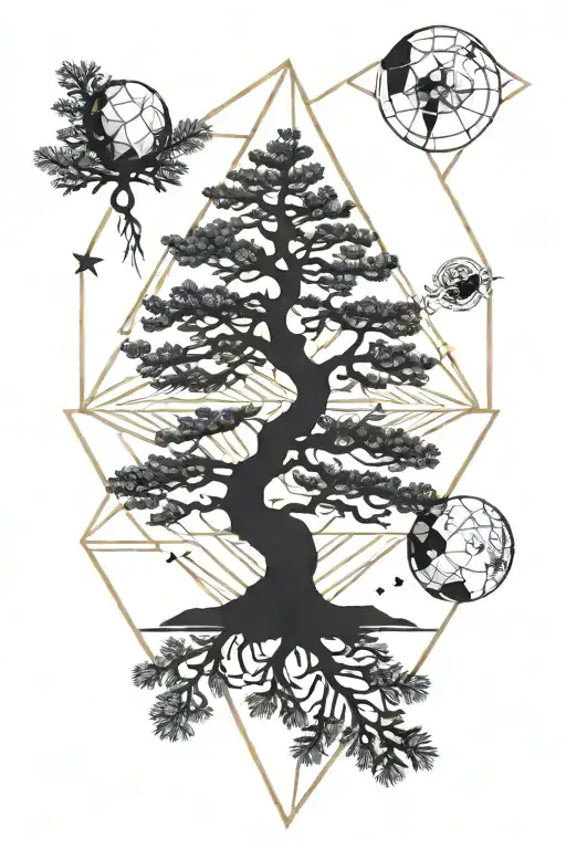 Fine Line Pine Tree Geometric Lines Planets Back