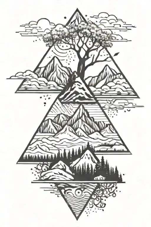 Triangle Shape With Mountain Range Landscape And Tree At The Base Of The Mountains
