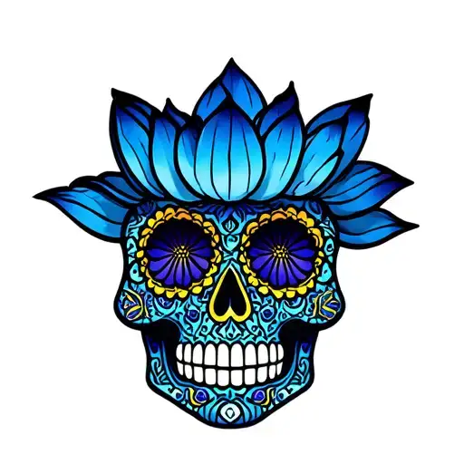 Blue Lotus Flower Under Multi-color Sugar Skull