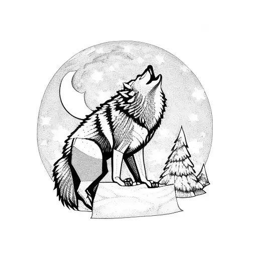 Wolf Howling At The Moon With Spruce Trees Framing The Scene