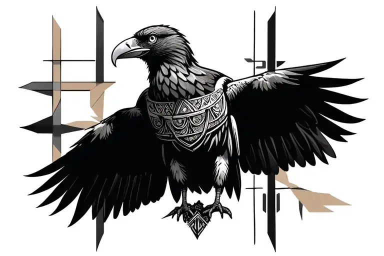 A Condor Perched On Top Of A Tribal Incan Cross In Black And Grey