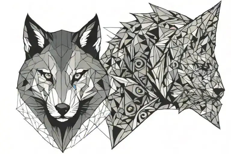 Half Face Of Ninja Man With Half Face Wolf