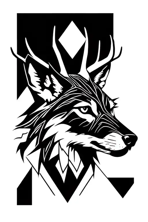 Simetric Wolf And Deer Head