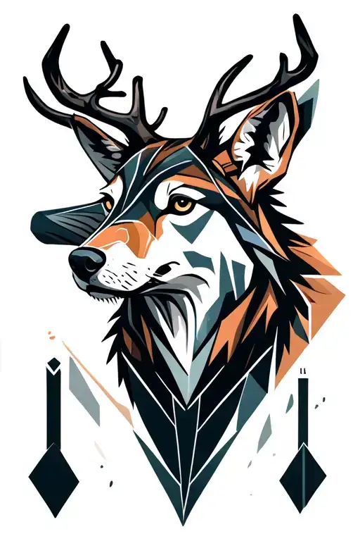 Simetric Wolf And Deer Head From Front Side