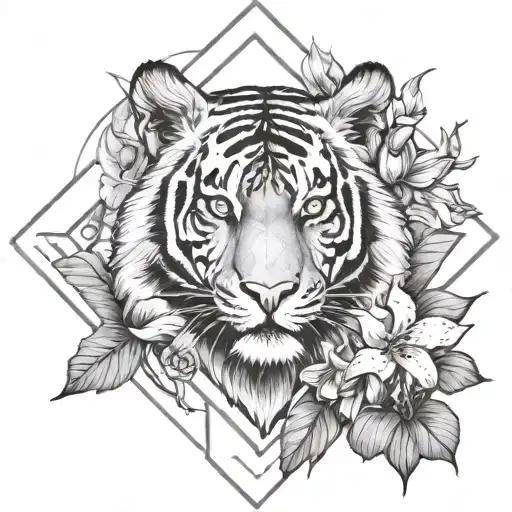 Tiger With Tiger Lilies Blooming