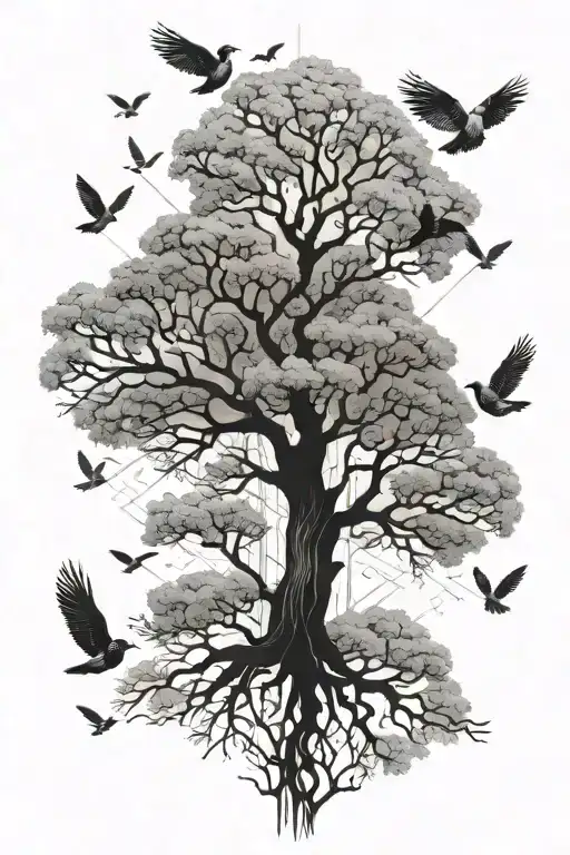 Oak Tree 3 Birds Flying Away