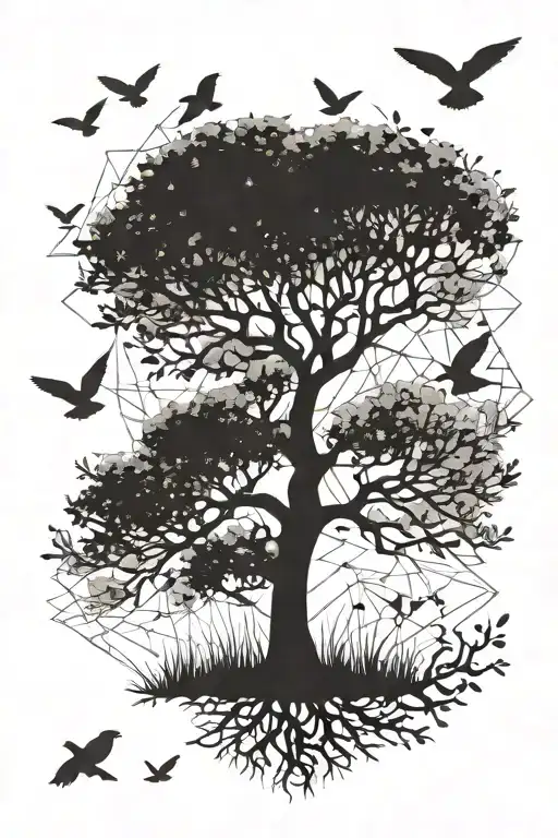 Oak Tree 3 Birds Flying