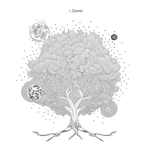 A Celestial Tree With Intricate Roots And Branches Representing The Universe