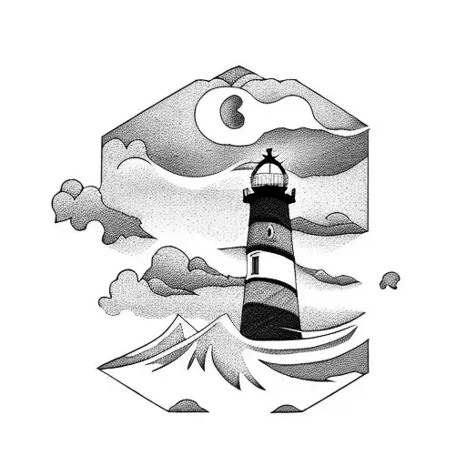 Black And White Lighthouse With Waves And Clouds And Mountains