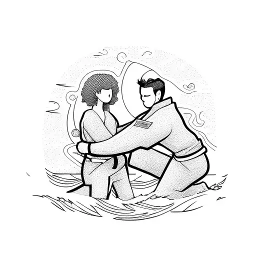 A Mother And Son Practicing Jiu-jitsu On A Beach With Ocean Waves In The Background