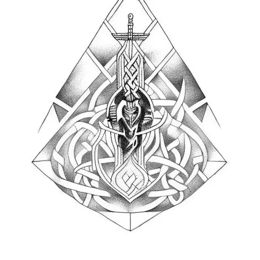 A Majestic Blackwork Tattoo Of A Norse God Wielding A Chemical Flask As A Weapon