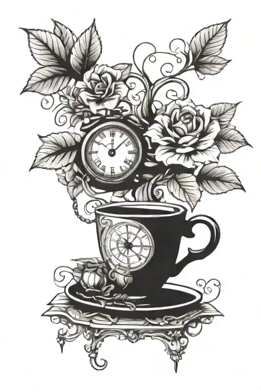 Open Book With One Cup Of Tea And One Little Clock With Chain Surrounded With Leaves And Pions