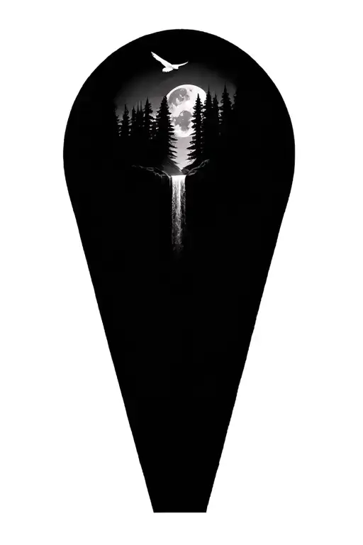Forest With A Waterfall In The Middle And A Bald Eagle Flying With A Moon In The Background