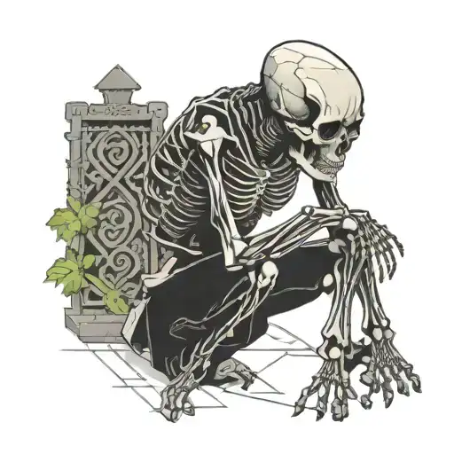 Skeleton Kneeling By Grave Smoking
