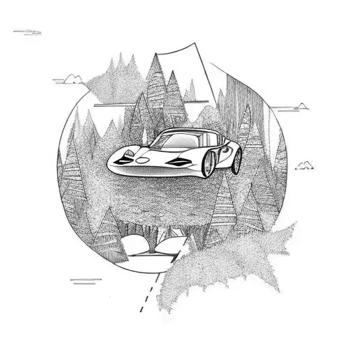 A Minimalist Tattoo Of A Car Racing Through A Forest