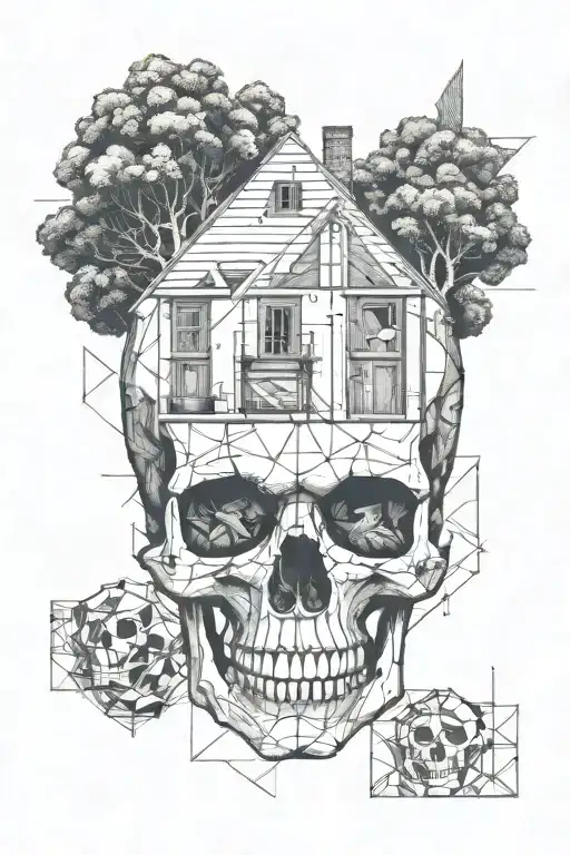Destroyed House And Head One Half Skull