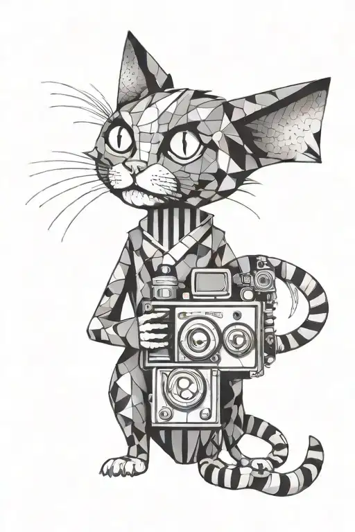 A Tattoo Design Of A Tim Burton Inspired Cat Character Holding A Film Camera