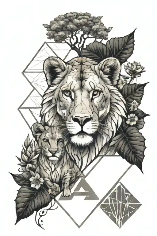 Tattoo With A Lioness And Her Cub In The Center With A Bonsai Behind In The Fine Line Style