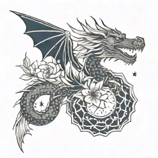 Dragon Outline With Lotus Flower And Stars
