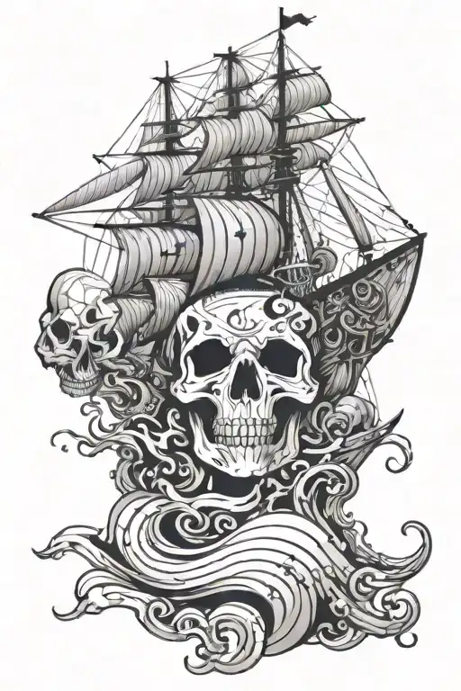 Frigate On A Wave In The Form Of A Skull With An Octopus Under It