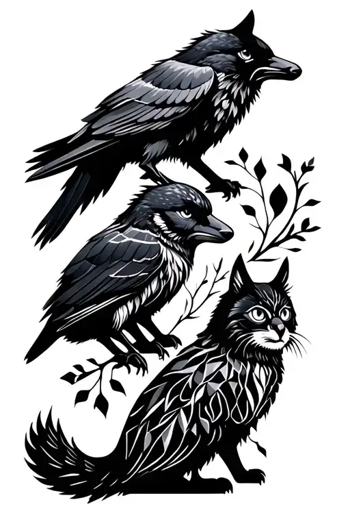 Wolf And Cat And Owl And Raven