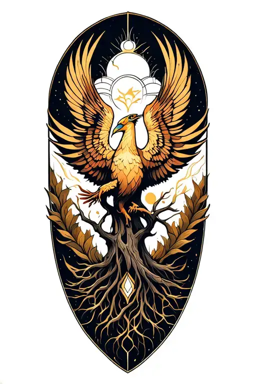 Tree Of Life And Rising Phoenix Intertwined Symbolizing