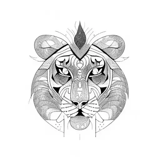 A Realistic Half Lion Half Tiger In A Blackwork Style