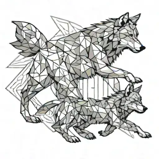 Side View Wolf Running Behind With Two Puppies