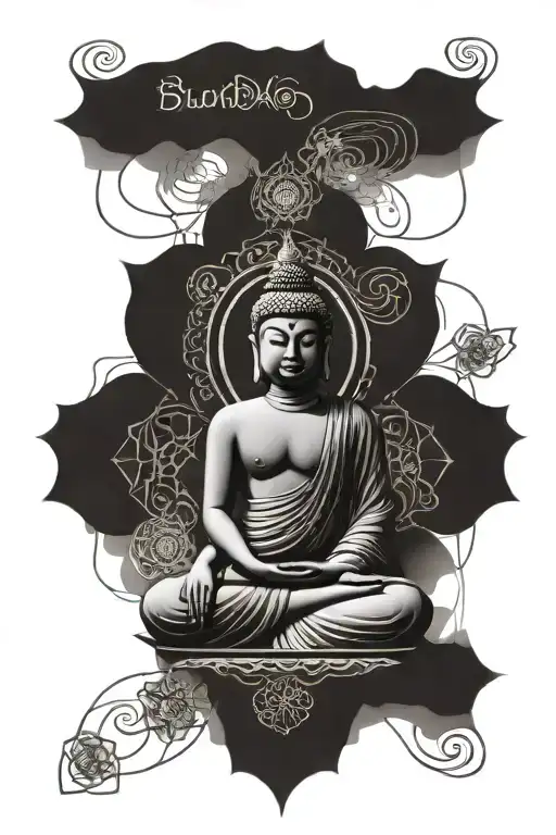 Buddha Sitting And Mantra Written In Sanskrit