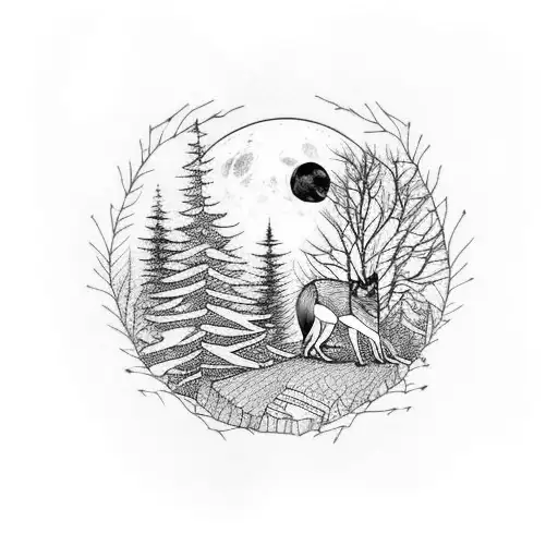 Trees And A Wolf With Full Moon
