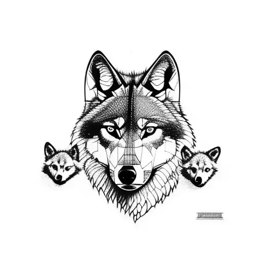 Alpha Wolf Looking Over His Family Of The Mother And Three Cubs