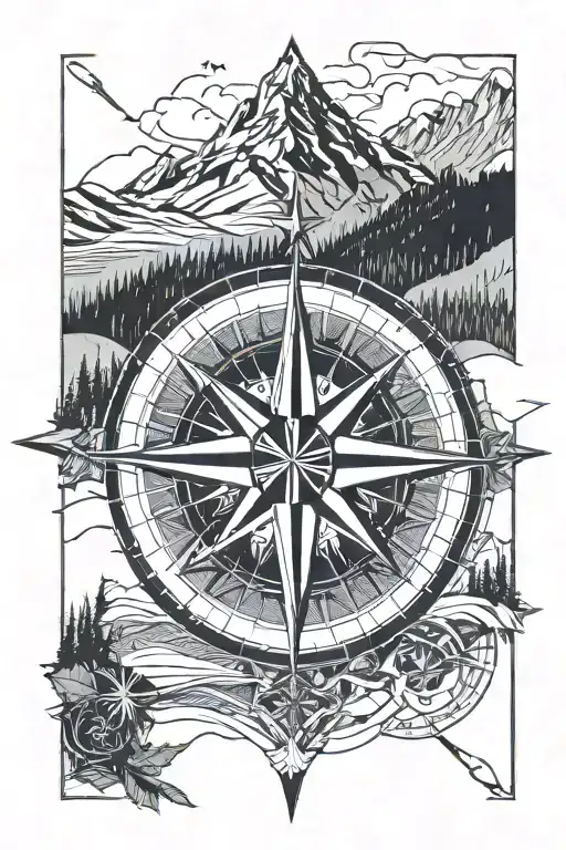 Compass Rose With A Mountain And Skiing In The Back And A Little Plane Near The Compass Rose