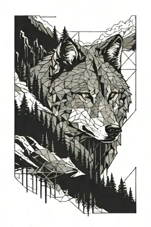 Wolf With Mountains With Forest Looking Up From Ground