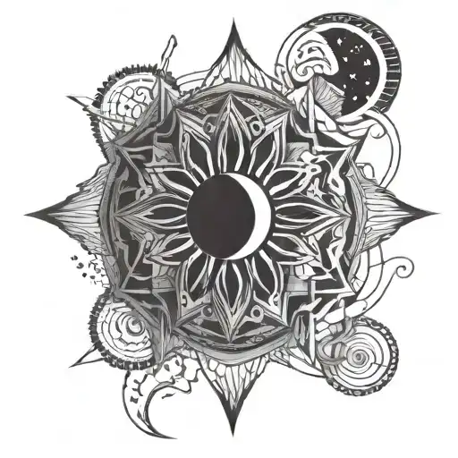 Sun And Moon And Mandala Design Incorporating Elements