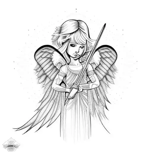 Girl Angel With A Sword Contour