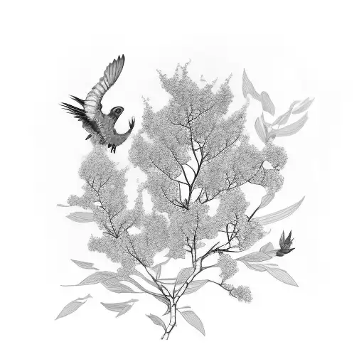 Blue Chinese-style Giant Crape-myrtle Flower And Red Parakeet Bird