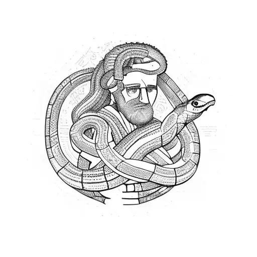 A Stoic Philosopher Embracing A Snake With Ruins In The Background