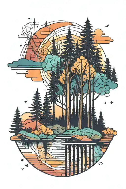 Forest Trees Colors Sunset Over Lake