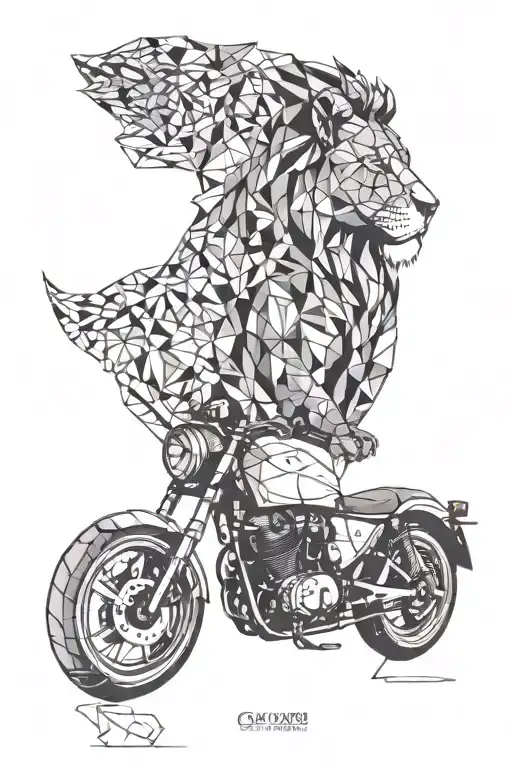 Geometric Tattoo With A Girl's Motorcycle And A Lion With Blue Eyes