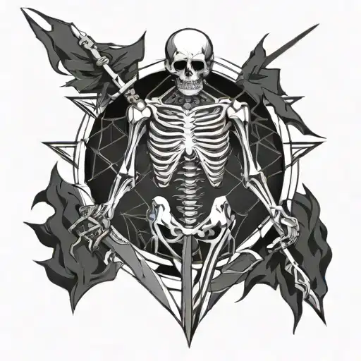 A Full Skeleton Pierced By 3 Swords