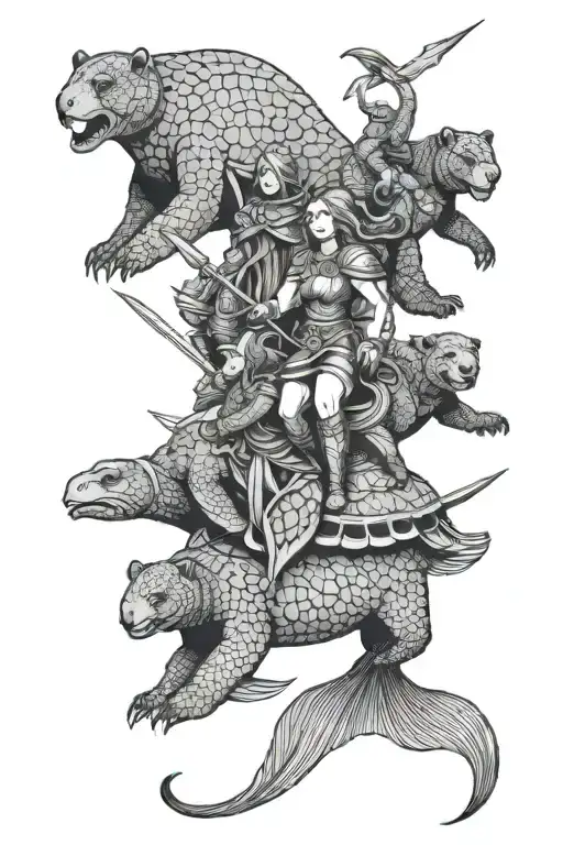 Mermaid And Turtle And Bear Warriors Riding Into Battle