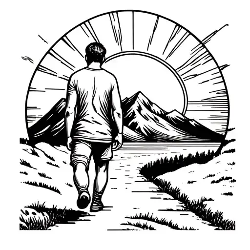 Man Walking From Back On A Path With A Mountain Behind Which The Sun Rises