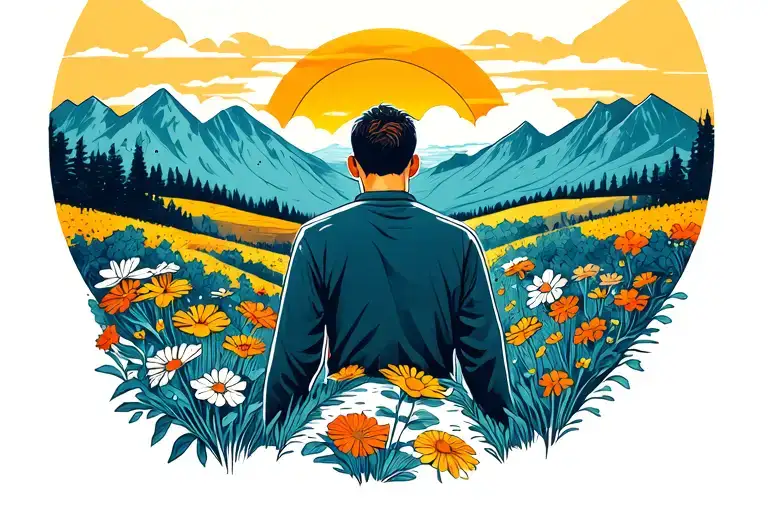 Happy Man With Back On A Path With Flowers Flowers Towards Mountains Behind Which The Sun Rises