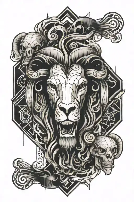 Leo Lion And Aries Ram Skull Surrounded