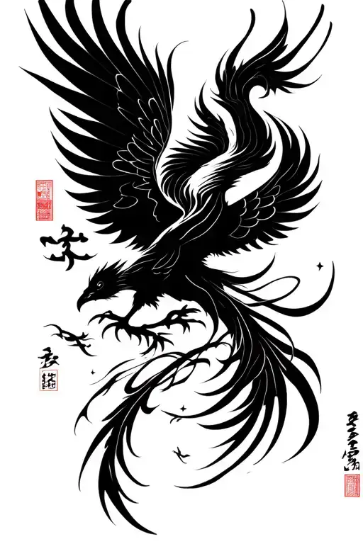 Phoenix Rising From Wabi Sabi Japanese Calligraphy